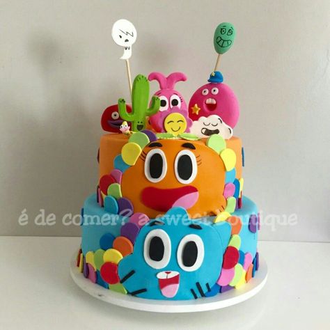 Amazing World Of Gumball Cake, Gumball Birthday Party, Gumball Cake, Gumball Party, Bowling Cake, Gumball And Darwin, Cake Filling Recipes, Fondant Recipe, Amazing World Of Gumball