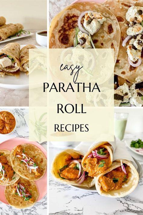 You’ll love these simple paratha roll recipes for a quick and easy lunch or snack any time of day. We’ve even got a formula to inspire you to make your own paratha roll with endless recipe combinations! Paratha Bread, Paratha Roll, Rolls Recipe Easy, Easy Dinners For Two, Recipes For Lunch, Puri Recipes, Roti Recipe, Lunch Wraps, Naan Recipe