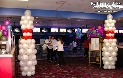 Bowling Pin Balloon Column, Senior Night Bowling, Bowling Balloons, Bowling Birthday Party Favors, Bowling Party Decorations, Balloon Pillars, Balloon Business, Bowling Birthday Party, Bowling Birthday