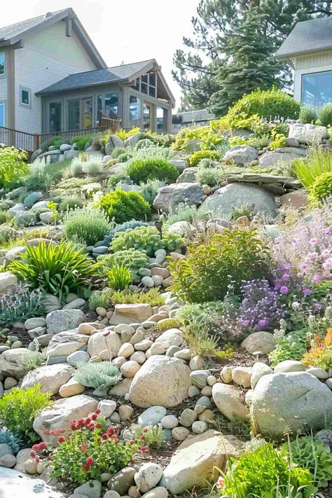 22 Unique Hillside Garden Ideas for Your One-of-a-Kind Yard Rock Garden On Hillside, Hillside Pond Ideas, Hillside Vegetable Garden, Pool Built Into Hillside, Gardening On A Slope, Front Yard Hill Landscaping, Tiered Landscape, Landscaping Water Feature, Steep Gardens