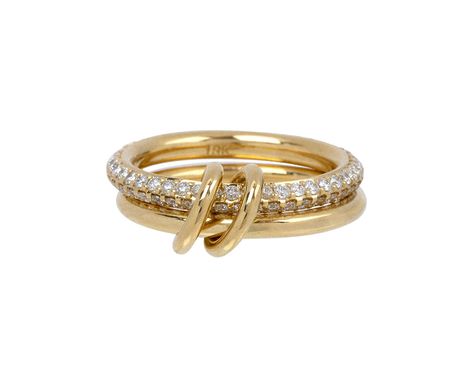 With its edgy, eye-catching design, this Spinelli Kilcollin ring has a versatile, statement making design. Two bands of 18K yellow gold connect with two 18K yellow gold rings. The larger 18K yellow gold band is set with two rows of sparkling diamonds. Wear them all on one finger or spread them out along two. This would also make an excellent alternative to the traditional wedding ring for someone with unconventional style. total height when stacked : just under 1/4"18K yellow gold band widths : Susannah King London, Spinelli Wedding Band, Mixed Metal Ring Stacks, Cool Rings Gold, Luxury Gold Rings, Rings For Small Fingers, Spinelli Kilcollin Rings, Yellow Gold Ring Stack, Golf Ring