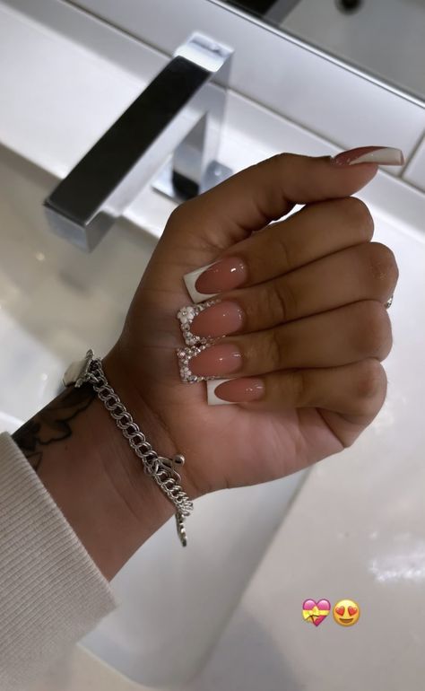 Fine Tip Nails, Short Champagne Nails Acrylic, Nail Ideas With Jems, French Tip With Rine Stone, White And Silver French Tip Nails Short, Class Of 24 Nails, Short Fresh Tip Nails, Birthday Nails Inspo White, Gel Mani And Pedi Ideas