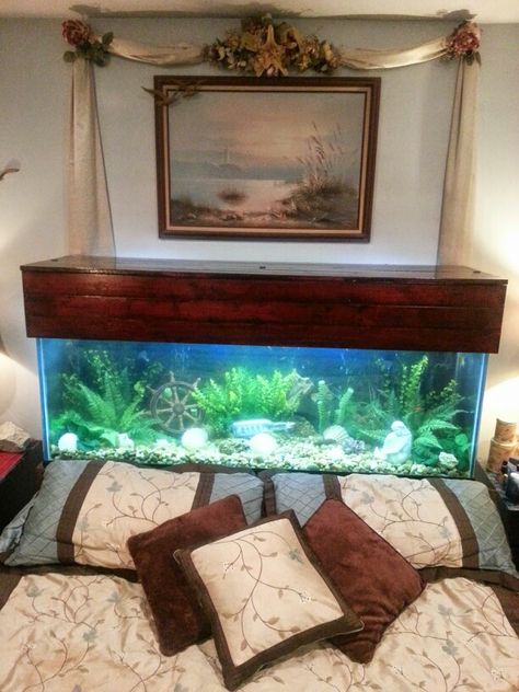 125 gallon aquarium headboard that I designed myself...love it! :-) Fish Tank Headboard, Aquarium Bedroom, 125 Gallon Aquarium, Oasis Bedroom, 10 Gallon Fish Tank, Fish Tank Ideas, Diy Headboard Ideas, Headboard Diy, Fish Tank Stand