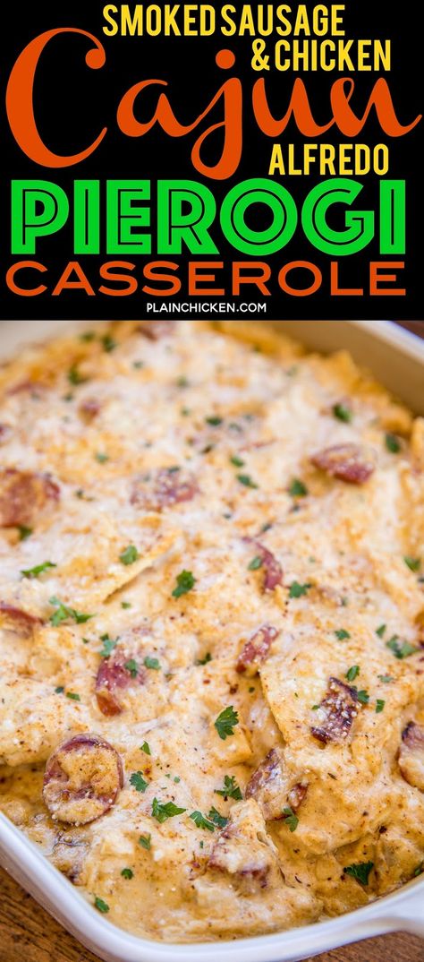 Smoked Sausage & Chicken Cajun Alfredo Pierogi Casserole - this is AMAZING!!! Super easy to make and everyone RAVES about it. Only 6 ingredients - smoked sausage, chicken, Alfredo sauce, cajun seasoning, pieorgies and parmesan cheese. Can make ahead of time and refrigerate or freeze for later. Perfect for any Mardi Gras celebrations! #casserole #mardigras #cajun #freezermeal #chickencasserole Chicken Cajun, Cajun Alfredo, Chicken Alfredo Sauce, Cajun Chicken Salad, Pierogi Casserole, Perogies Recipe, Cajun Shrimp Recipes, Cajun Sausage, Smoked Sausage Recipes