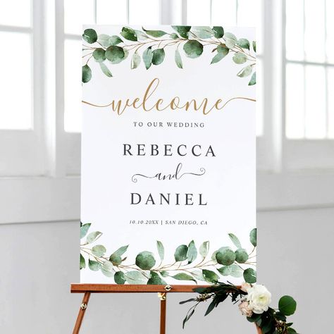 Simple Eucalyptus Greenery Wedding Welcome Sign Greenery Wedding Decor, Feuille Eucalyptus, Watercolor Eucalyptus, Welcome Sign Template, Reception Signs, Wedding Posters, Eucalyptus Wedding, Welcome Poster, Wedding Welcome Sign