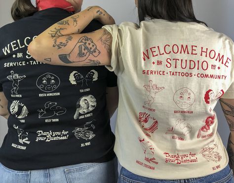 Tattoo Shop Merch, Company Merch Ideas, Tattoo Merch, Museum Merchandise Design, Band Merch T-shirt With Branding, Custom Print Cotton T-shirt Band Merch, Simple Tattoos For Women, Street Tattoo, Artist Shirts