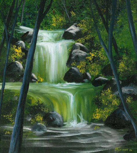 Waterfall painting Drop Painting, Easy Acrylic Painting Ideas, Mural Inspiration, Easy Landscape Paintings, Forest Falls, Waterfall Paintings, Acrylic Painting Ideas, Pretty Trees, Easy Acrylic Painting