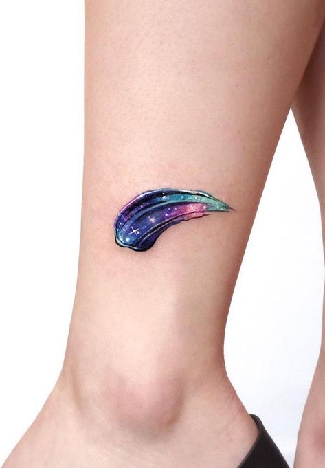 58 Stunning Ankle Tattoos for Women - Our Mindful Life Watercolor Ankle Tattoos For Women, Colourful Tattoo For Women, Small Colour Tattoo, Blue Tattoos For Women, Brushstroke Tattoo, Iceland Tattoo, Watercolor Tattoo Design, Faith Tattoo Designs, Watercolor Galaxy Tattoo