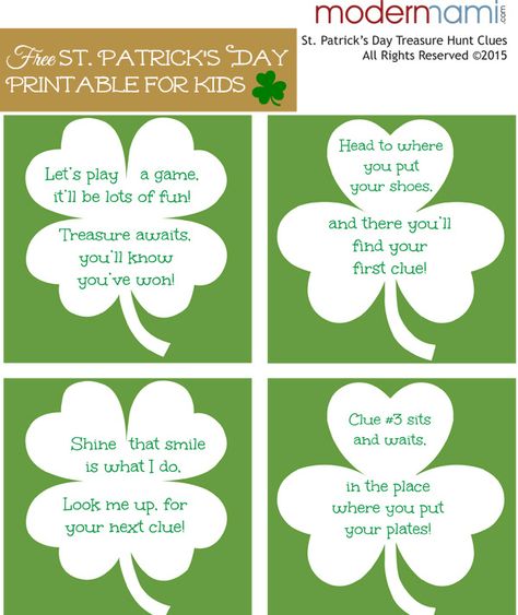 Have fun with the kids with an in-home St. Patrick's Day treasure hunt! Use our free St. Patrick's Day printable clues to help you out! Leprechaun Scavenger Hunt, Saint Patricks Kids, Sant Patrick, March Lessons, Treasure Hunt For Kids, Easter Party Games, Treasure Hunt Clues, St Patricks Day Crafts For Kids, St Patrick Day Activities