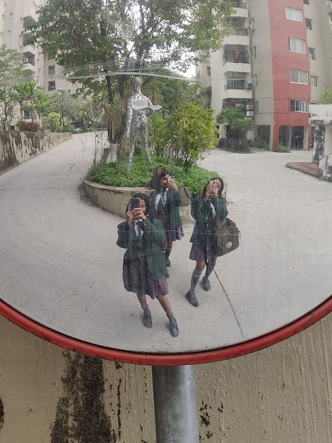 #mirrorselfie #friends #aesthetic #school #uniform #dps Dps School Aesthetic, Aesthetic School Uniform, Dps Aesthetic, Dps School, Golden Blouse, Aesthetic School, School Uniform Outfits, Cool Captions, Friends Aesthetic