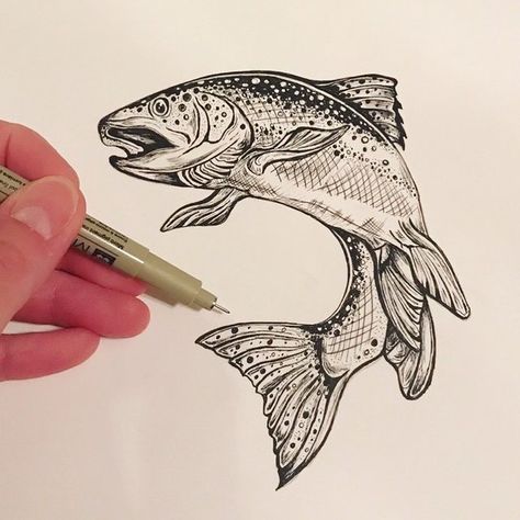 Trout Drawing Sketch, Black And White Trout Tattoo, Small Trout Tattoo, Fish Pen Drawing, Rainbow Trout Drawing, Colin Tattoo, Fish Ink Drawing, Trout Drawing, Fisherman Tattoo