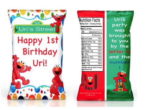 Elmo Chip Bags - Prissy Treats by Carla Sesame Place, Diy Coloring Books, Chip Bag Template, Cookie Monster Birthday, Elmo Birthday Party, Bag Template, Leo Birthday, Elmo Birthday, Monster Birthday