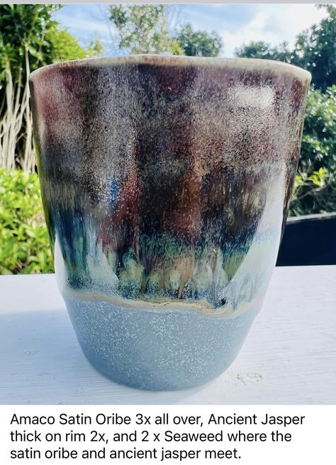 Satin Oribe Glaze, Ceramic Totems, Pottery Inspo, Amaco Glazes, Pottery Glaze, Ceramic Glaze Recipes, Ceramic Glaze, Glaze Recipe, Pottery Glazes