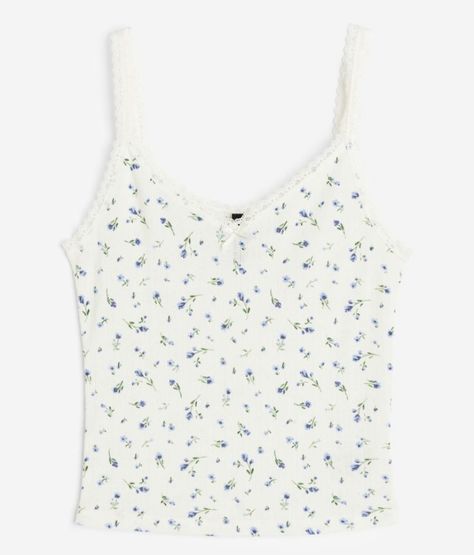 cottage core top h&m top h&m body H&m Tank Top, Lace Trim Top, Ribbed Tank Top, 17th Birthday, White Lace Top, Design Clothes, Floral Tank Top, Flower Tops