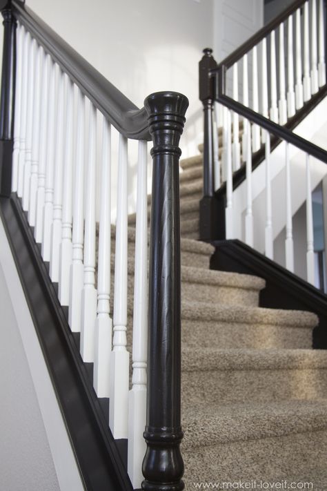 DIY: How to Stain and Paint an OAK Banister, Spindles, and Newel Posts (the shortcut method...no sanding needed!) |via Make It and Love It Banister Remodel, Paint Stained Wood, Oak Banister, Wood Railings For Stairs, Stair Banister, Handrail Design, Stairs Makeover, Oak Stairs, Staircase Remodel