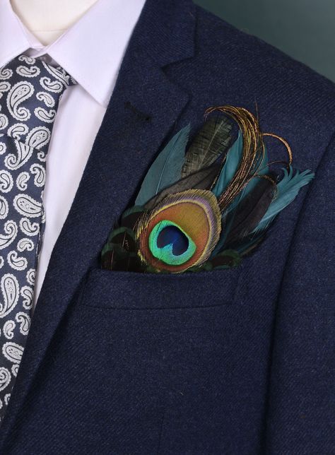 Shades of Green Peacock and Pheasant Feather Pocket Square No.95 #Groomsman #wedding #groomsoutfit #groomsmansoutfit #feather #featherpocketsquare #suitaccessory #pocketsquare #pheasant #duck #rusticwedding #countrywedding #weddingoutfit #weddingguestoutfit #mensoutfit #weddingidea #groomsidea #peacock #peacockeye #peacockfeather #peacockwedding #tealwedding Grooms Outfit, Feather Boutonniere, Bridesmaid Hair Clips, Pheasant Feather, Green Peacock, Black Fascinator, Groom Ties, Peacock Wedding, Teal Wedding