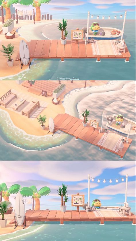 Beach Designs Animal Crossing, Animal Crossing Island Inspiration Beach, Ac Beach Ideas, Animal Crossing Decoration Ideas, Animal Crossing Bridge Code, Tropical Animal Crossing Island, Acnh Beach Design Ideas, Acnh Island Inspirations, Animal Crossing Island Inspiration