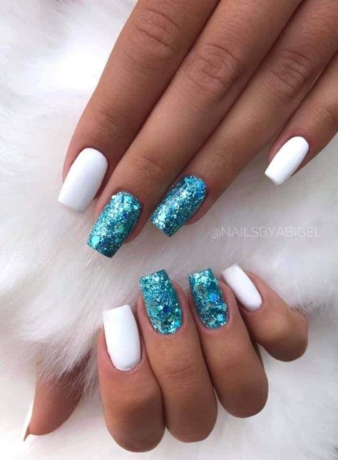 Blue Glitter Nails, Aqua Nails, White Glitter Nails, Tree Nails, Matte Nails Design, Fancy Nails Designs, Simple Gel Nails, Cute Acrylic Nail Designs, Sparkle Nails