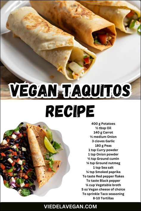 Vegan Taquitos Recipe Vegan Taquitos Recipe, Vegan Taquitos, Seasoned Black Beans, Crispy Kale, Taquitos Recipe, Black Beans Corn, Vegan Snack Recipes, Vegan Snack, Kale Chips