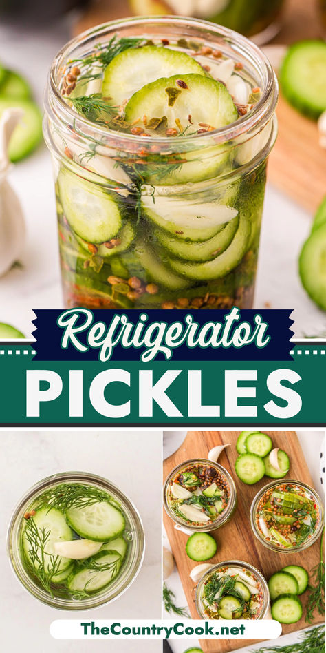 These Refrigerator Pickles are crunchy, tangy, and fresh and only take 10 minutes of prep! No special equipment needed! Pickling Whole Cucumbers, Keto Refrigerator Pickles, Diy Pickles Dill, Easy Refrigerator Dill Pickles Recipe, Refrigerator Pickles And Onions, No Cook Refrigerator Pickles, Pickle Making, Pickles Homemade Easy, Homemade Refrigerator Pickles