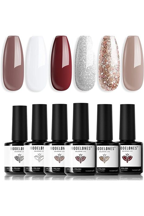 modelones Gel Nail Polish Set 6 Colors, Nude Pure White Glitter Brown Burgundy Red Champagne Gold Silver Tan Spring Nail Art Design Kit Basic Soak Off Manicure DIY Salon at Home Holiday Gifts for Women Brown Nail Polish, Gold Glitter Nails, Fall Gel Nails, Gel Nail Kit, Nail Polish Set, Nail Polish Kits, Gel Nail Polish Set, Nail Polish Sets, Fall Nail Colors