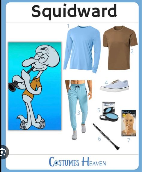 Squidward Costume Diy, Squidward Costume, Spongebob Costumes, Spongebob Ideas, Spongebob Costume, Squidward Tentacles, Pants Light Blue, Bald Cap, Costume Guide