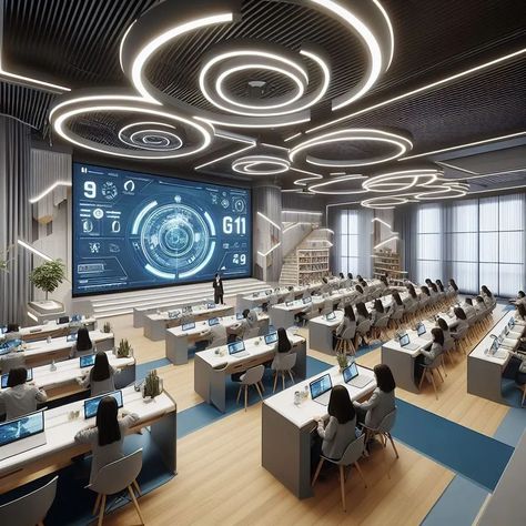 Luxury Classroom Interior, Futuristic School Interior, Stem Room Design, Futuristic School Building, Futuristic University, Futuristic Building Interior, Sci Fi School, Future School Design, Futuristic Classroom