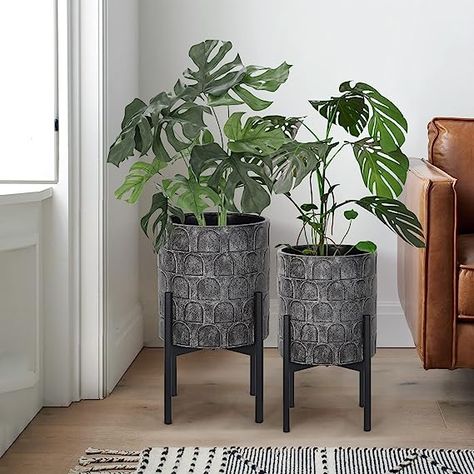 Oakrain Mid Century Planters for Indoor Plants, Set of 2, Modern Decorative Metal Planter Pots for Living Room, Office, Garden or Balcony, Planter with Stand, Paint Black Mid Century Planters, Bathroom Plants No Sunlight, Black Plant Stand, Best Bathroom Plants, Planters For Indoor Plants, Planter With Stand, Metal Flower Pots, Zen Home Decor, Mid Century Planter