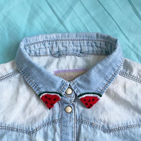 Collar embroidery Watermelon Embroidery, Watermelon Outfit, Jacket Patches, Denim Jacket Patches, Cord Set, Embroidery Sampler, Kids Fashion Dress, Sewing Embroidery, Sewing Embroidery Designs