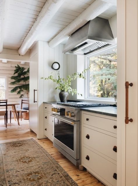 Taupe Cabinets, Michigan Cabin, Established Home, Jean Stoffer Design, Stoffer Home, Jean Stoffer, Rustic Log Cabin, Cabin Kitchen, Holland Michigan