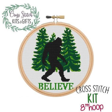 Bigfoot Cross Stitch Pattern, Sasquatch Cross Stitch, Bigfoot Crochet Pattern Free, Bigfoot Cross Stitch, Believe Cross Stitch, Cool Cross Stitch, Stitch Sayings, Bamboo Embroidery, Birthday Embroidery