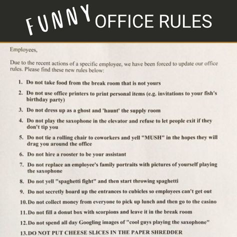 We've heard of all sorts of office rules in our time, but not putting cheese in the paper shredder is outrageous! 🧀 What are some rules you have in your workplace? Workplace Etiquette, Workplace Rules, Office Rules, Funny Lists, Supply Room, Business Etiquette, Training Ideas, Paper Shredder, Office Printers