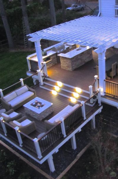 53 Awesome Backyard Deck Ideas - Sebring Design Build Deck Fireplace Ideas, Build In Grill On Deck, Deck Extension For Grill, Outdoor Kitchen On Second Story Deck, Deck With Built In Grill, Deck With Outdoor Kitchen, Deck For Entertaining, Deck Kitchen, Backyard Deck Ideas