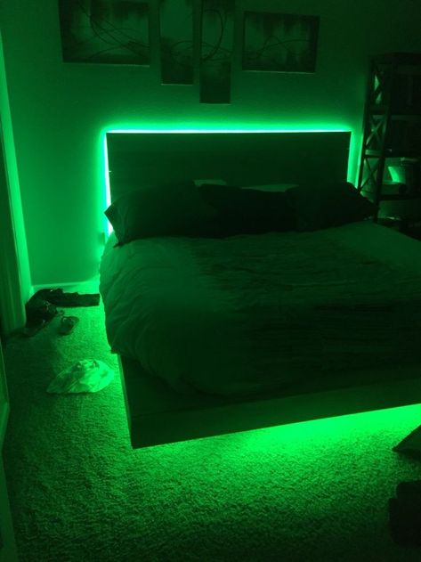 Bed With Lighting, Led Lights Under Bed Aesthetic, Bunk Beds With Led Lights, Bedroom Ideas For Men Led Lights, Bed Frame Led Lights, Led Light Behind Bed, Led Bed Lights, Beds With Led Lights Under, Underbed Led Lights