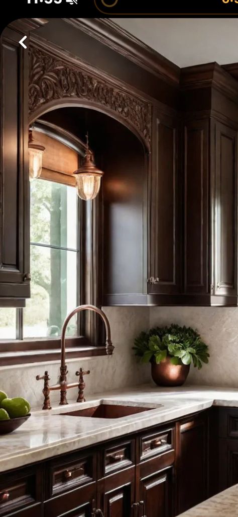 Dark Brown Wood Kitchen Cabinets, Timeless Granite Countertops, Dark Wood Cabinet Kitchen, Kitchen Dark Brown Cabinets, Dark Cabinets With Light Granite, Kitchen Brown Cabinets, Dark Cabinet Kitchen, Dark Brown House, Dark Wood Home