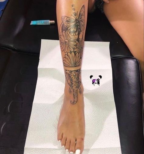 Leg Tattoos Women Elephant, Leg Shin Tattoo Women, Elephant Leg Tattoo For Women, Ankle Tattoos For Women, Cute Hand Tattoos, Black Girls With Tattoos, Tattoos For Black Skin, Leg Tattoos Women, Pretty Tattoos For Women