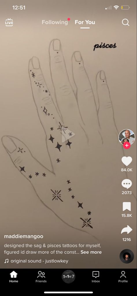 Constellation Hand Tattoo, Hand Tattoos Pictures, Pisces Constellation Tattoo, Love Symbol Tattoos, Sparkle Tattoo, Horoscope Tattoos, Pisces Constellation, Finger Tattoo For Women, Hand And Finger Tattoos