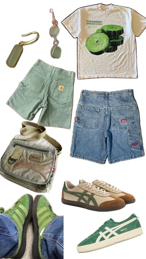 90s Beachy Fashion, 90s Beach Aesthetic Outfits, 90s Style Beach Shorts For Summer, Jorts Beach Fits, 90s Beach Aesthetic, 90s Summer Outfits Aesthetic, 2000s Summer Outfits Shorts, 90s Inspired Summer Streetwear Shorts, Outfit Ideas Shirt