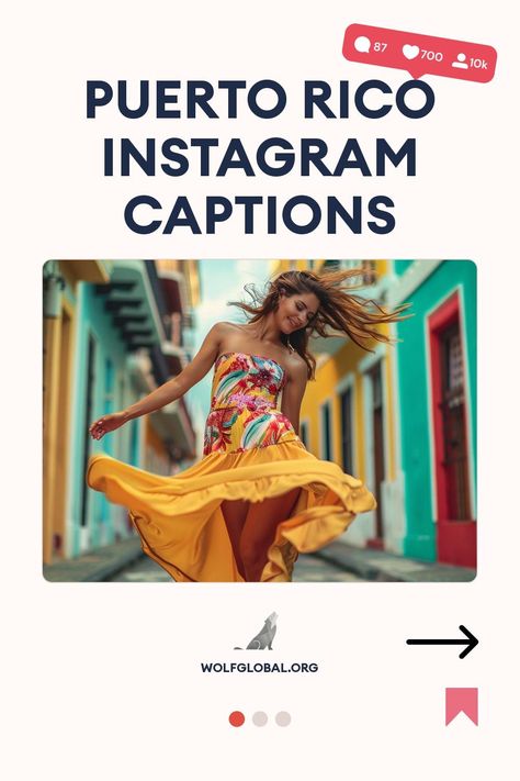 Promotional image for "Puerto Rico Instagram Captions" with a dancing woman in a vibrant dress.
A colorful checklist of activities and sights in Puerto Rico with playful emojis.
Promotional graphic with a woman on a laptop, advertising an Instagram engagement service by wolf global.org. Puerto Rico Captions Instagram, Puerto Rico Quotes, Insta Comments, El Yunque National Forest, Puerto Rico Vacation, Puerto Rican Culture, Vacation Quotes, Ig Captions, Caption For Yourself