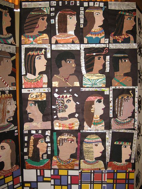 egyptian profiles —great way to slip some practical portrait instruction in with a fun hieroglyphic study. Egyptian Activities, Ancient Egypt Unit, Egyptian Crafts, Ancient Egypt Projects, Egypt Crafts, Starověký Egypt, Egypt Project, 2nd Grade Art, 6th Grade Art