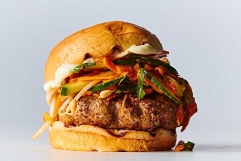 Gochujang Burger With Spicy Slaw Recipe Spicy Slaw, Roasted Potato Salads, Carrot Slaw, Spicy Corn, White Bean Salad, Chicken Asparagus, Summer Cookouts, Slaw Recipes, Nyt Cooking