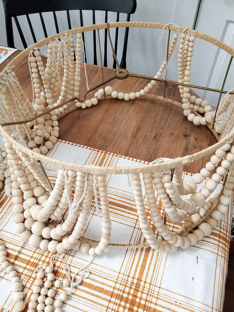 DIY Beaded Chandelier Upcycled from an Old Light and Lampshade - Refresh Living Diy Beaded Chandelier, Beaded Light Fixture, Wood Beaded Chandelier, Lamp Shade Chandelier, Wooden Bead Chandelier, Chandelier Makeover, Beaded Lampshade, Wood Bead Chandelier, Beaded Lamps