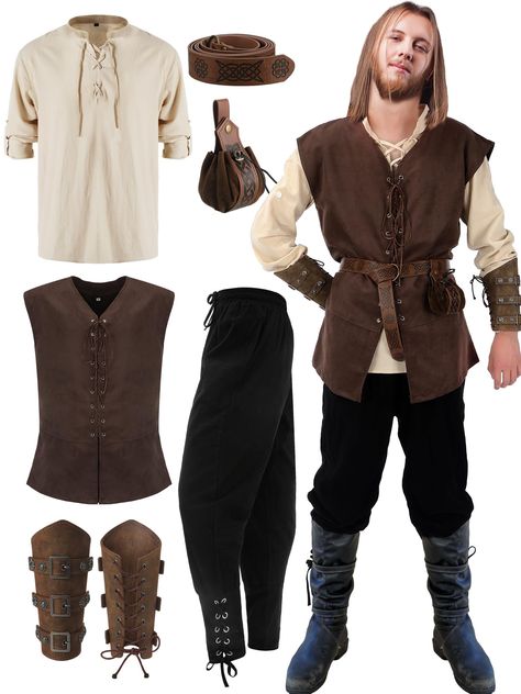 PRICES MAY VARY. Rich Matching: 6 pcs medieval renaissance costume men includes knight cotton linen sleeve shirt, renaissance pants, medieval pirate waistcoat, viking belt, Halloween faux leather arm guards, pouch, creating a medieval look, suitable for many styles, very suitable for a Halloween cosplay party Fits Size: our Halloween medieval shirt pant vest features a regular fit for an easy fit, adjustable ties at the ankle of the pant, low crotch and full leg for mobility and comfort, availab Sultan Costume, Medieval Vest, Medieval Clothing Men, Medieval Shirt, Medieval Outfit, Knight Outfit, Ren Faire Outfits, Viking Belt, Medieval Party