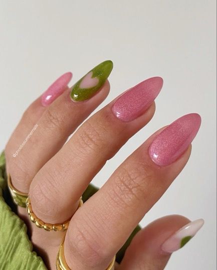 Plain Design Nails, Green And Pink Nails Aesthetic, Green And Pink Valentines Nails, Pink Nails Green Tips, Nail Ideas Pink And Green, Spring Nails Pink And Green, Valentines Day Nails Green, Army Green And Pink Nails, Sage Green And Light Pink Nails