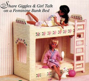 Slumber Party Barbie, Doll Bunk Beds, Barbie Print, Doll Furniture Patterns, Patterns For Fashion, Cool Bunk Beds, Plastic Canvas Pattern, Diy Barbie Furniture, Plastic Canvas Patterns Free