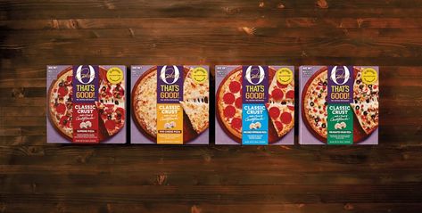 The Flavors: Supreme Pizza, Five Cheese Pizza, Uncured Pepperoni Pizza, and Fire Roasted Veggie Pizza. Frozen Pizza Packaging, Pizza Packaging Design, Roasted Corn Chowder, Pizza Variety, Pizza Packaging, Frozen Food Packaging, Frozen Cauliflower, Pizza Branding, Packaging Food