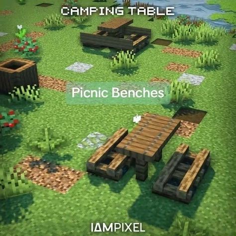 Minecraft Builds For Village, Picnic Basket Minecraft, Picnic Bench Minecraft, Minecraft Sitting Area Outside, Shepard House Minecraft, Minecraft Picnic Basket, Minecraft House 2 Story, Minecraft Park Bench Ideas, Minecraft Cute Ideas To Build