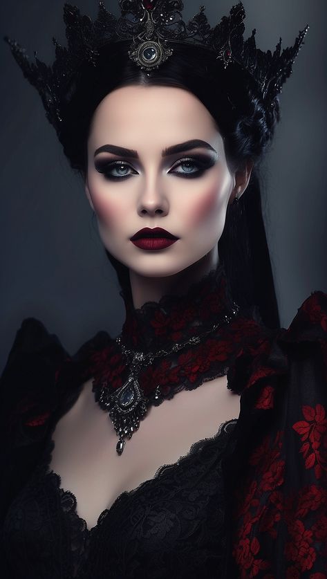 Gothic Bride Makeup Halloween, Queen Of Darkness Makeup, Lady Vampire Makeup, Queen Makeup Royal, Vampire Queen Makeup, Victorian Vampire Makeup, Queen Makeup Halloween, Dark Queen Makeup, Vampire Make Up