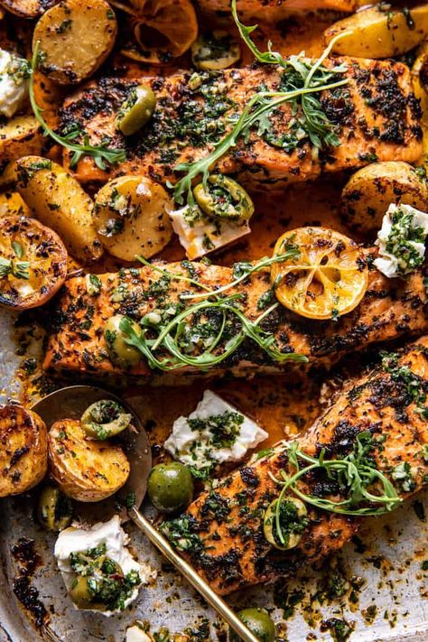 Sheet Pan Roasted Lemon Garlic Butter Salmon with Feta and Olives. - Half Baked Harvest Salmon Half Baked Harvest, Lemon Garlic Butter Salmon, Half Baked Harvest Recipes, Garlic Butter Salmon, Recipes Seafood, Butter Salmon, Garlic Butter Shrimp, Salmon Dinner, Harvest Recipes