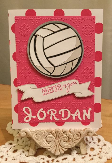 Volleyball Birthday Card / Made with Anna Griffin Circular Grid Embossing Folder, Team Spirit & The First Few Years Cricut Cartridges / Handcrafted By Cindy Babich (Cindyswishestogive 2016) Volleyball Cards Ideas, Volleyball Cards, Volleyball Birthday, Volleyball Coach Gifts, Happy Birthday Wishes Messages, Volleyball Coach, Cool Birthday Cards, Card Making Templates, Video Games Birthday